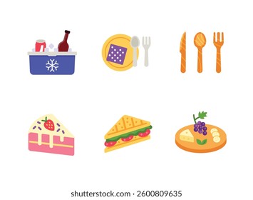 Conjunto simples colorido de ícones planos relacionados ao piquenique. Contém ícones como geladeira, talheres, bolo e muito mais.