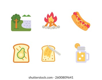 Colorful Simple Set of Picnic Related Flat Icons. Contains Icons as Nature Landscape, Bonfire, Hotdog and more.
