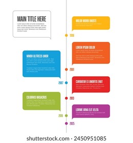 Colorful simple solid color bubbles vertical timeline template on white background with big year numbers description and icons. Minimalistic time line template
