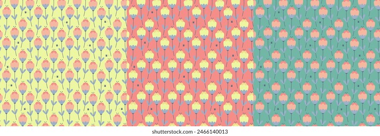 Colorful simple spring tulips field seamless pattern collection. Floral springtime vector with flying bees