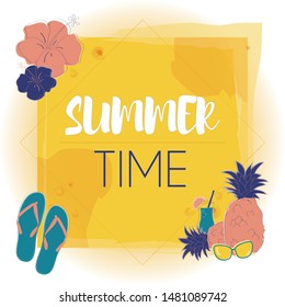 Colorful and Simple Summer Time Vector Banner with Tropical Flowers, Pineapple, Sunglasses, Flip Flops and Drink. EPS10