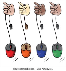 Colorful simple vector components set: human hand is holding PC mouse