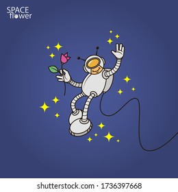 colorful simple vector flat art illustration of humanoid astronaut with flower in hand