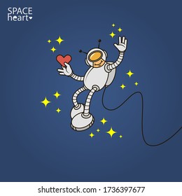 colorful simple vector flat art illustration of humanoid astronaut with heart in hand