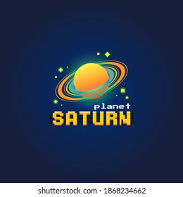 colorful simple vector flat art illustration of saturn planet and stars with pixel art text