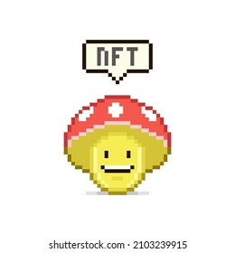 colorful simple vector flat pixel art illustration of cartoon red hat smiling mushroom character with text NFT or non-fungible token in speech bubble