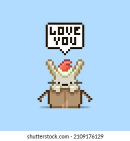 colorful simple vector flat pixel art illustration of cartoon cute rabbit in red santa hat sitting in a cardboard box with text love you in a speech bubble above his head