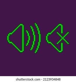 colorful simple vector flat pixel art set of two neon green symbols of on and off mute