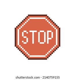 colorful simple vector flat pixel art illustration of stop red road sign
