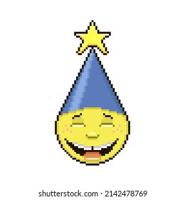 colorful simple vector flat pixel art illustration of laughing funny cartoon emoticon in party head with star
