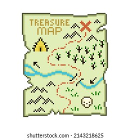 colorful simple vector flat pixel art illustration of cartoon old treasure map