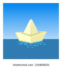 colorful simple vector flat pixel art illustration of cartoon paper boat on the water