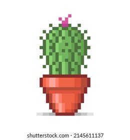 colorful simple vector flat pixel art illustration of cartoon blooming green cactus in a red flowerpot