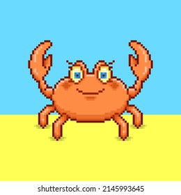 colorful simple vector flat pixel art illustration of cartoon cute smiling eyelash crab