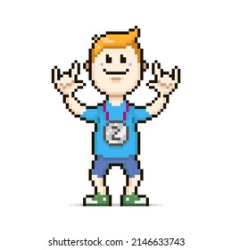 colorful simple vector flat pixel art illustration of cartoon character cheerful character with silver medal of second place