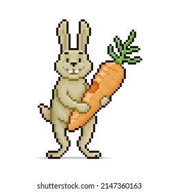 colorful simple vector flat pixel art illustration of cartoon cute rabbit with a bitten carrot in its paws