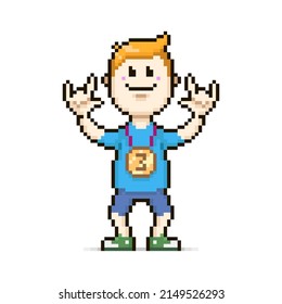 colorful simple vector flat pixel art illustration of cartoon character cheerful character with bronze medal of third place