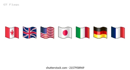 colorful simple vector flat pixel art set of flowing flags of great seven countries G7