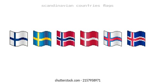 colorful simple vector flat pixel art set of flowing flags of scandinavian countries and Faroe Islands