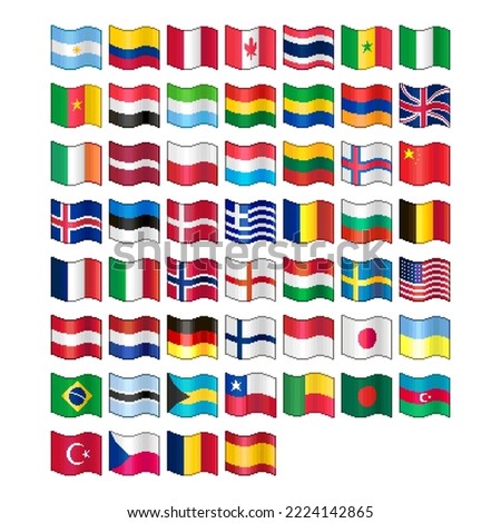 colorful simple vector flat pixel art set of flowing flags of different countries of the world and Faroe Islands