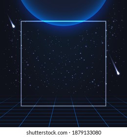 colorful simple vector illustration in 80s style of square blank frame for any text on outer space background