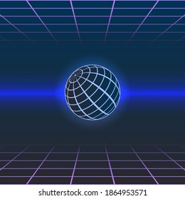colorful simple vector illustration of abstract planet covered with a grid in the style of the 80s
