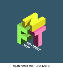ilustraciones vectoriales coloridas simples de la cabecera de la placa con texto isométrico NFT y fichas no fungibles en forma de letras dispersas