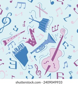 Colorful Simple Vector Illustration of Jazz Music Instruments Seamless Pattern with Blue Background
