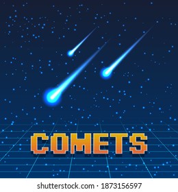 colorful simple vector illustration of pixel art headline of signboard with text comets and three shooting stars in the starry sky