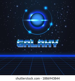 colorful simple vector illustration in retro futurism style of abstract outer space system and headline text galaxy