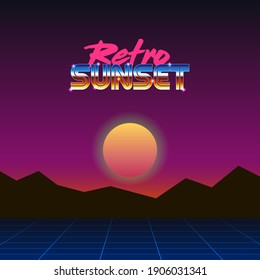 colorful simple vector illustration in retro futurism style of 1980s of mountains landscape under evening sun and text retro sunset