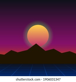 colorful simple vector illustration in retro futurism style of 1980s of mountains landscape under evening or morning sun