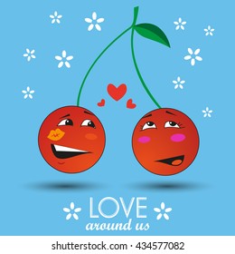 colorful simple vector illustration of two cute cartoon lovers cherries