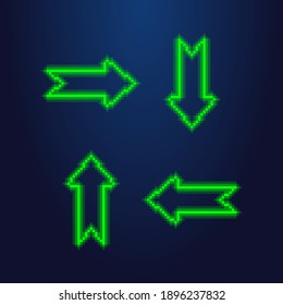 ilustraciones de arte de píxeles vectoriales simples y coloridos de un conjunto de flechas de luz verde led que se dirigen en cuatro direcciones diferentes