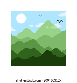 colorful simple vector pixel art illustration of cartoon mountain landscape with sun and birds soaring in the sky