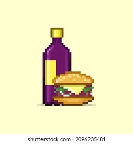 colorful simple vector pixel art illustration of cartoon burger and bottle of drink on beige background