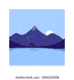 colorful simple vector pixel art illustration of cartoon blue mountain landscape and a house with a glowing window and smoke from a chimney by a lake or river