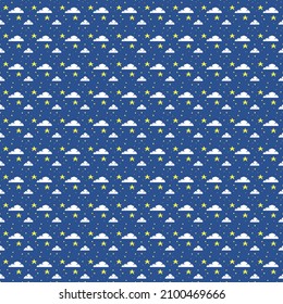 colorful simple vector pixel art seamless pattern of cartoon drawing of night sky, white clouds and stars on blue background