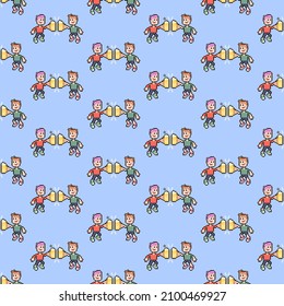 colorful simple vector pixel art seamless pattern of cartoon two smiling guys clinking glasses of beer on blue background