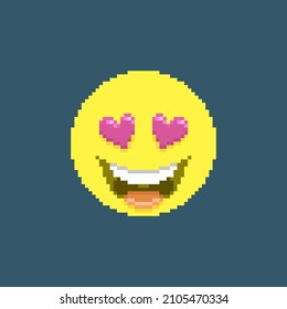 ilustraciones de arte de píxeles vectoriales simples y coloridos de dibujos animados de un emoticono de amor de risas amarillas con corazones en lugar de ojos