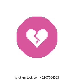 colorful simple vector pixel art round icon in pink color with white cracked heart inside