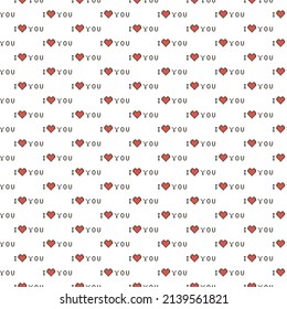 colorful simple vector pixel art seamless pattern of lettering i love you with red abstract heart on white background