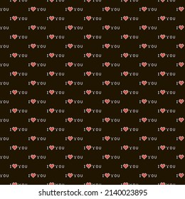 colorful simple vector pixel art seamless pattern of lettering i love you with red abstract heart on black background