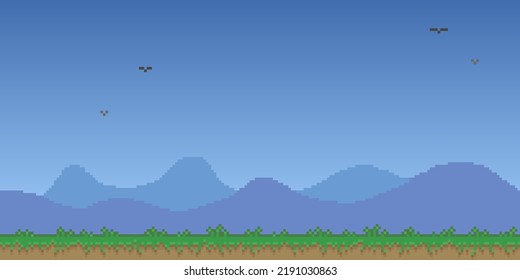 Colorful simple vector pixel art horizontal illustration of mountain range and green grass in the style of old platformer video game level