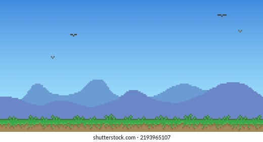 Colorful simple vector pixel art horizontal illustration of mountain range and green grass in the style of old platformer video game level