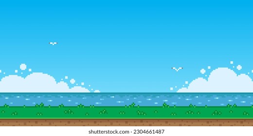 Arte de píxeles vectoriales simple colorido ilustración horizontal del paisaje del horizonte marino de verano y hierba verde en el estilo de plataforma retro nivel de videojuegos