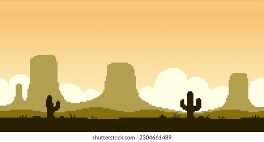 Colorful simple vector pixel art horizontal illustration of landscape of the Great American Desert with rocks and cacti in retro platformer style