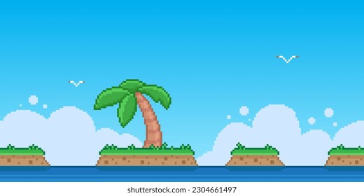 Colorful simple vector pixel art horizontal illustration of landscape of palm tree and separate islands in the style of retro platformer video game level