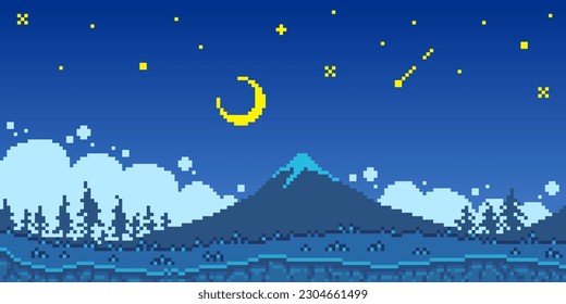 Colorido arte de píxeles vectoriales simples ilustración horizontal de la noche sobre la montaña pico de nieve en el estilo de la plataforma retro nivel de videojuego