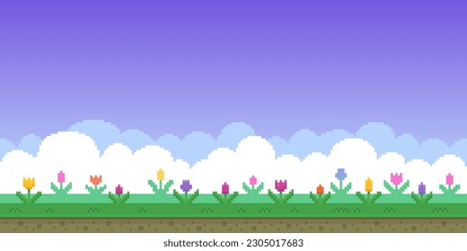 Colorful simple vector pixel art horizontal illustration of field of tulips in retro platformer style